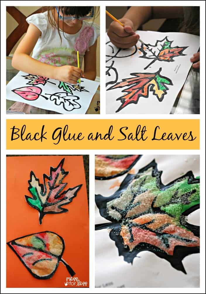 Black Glue and Salt Leaves fall craft - get your free leaf printable and make these gorgeous, textured Fall decorations.