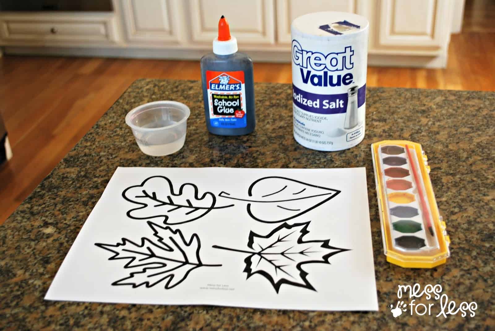 black glue, water, watercolor paint, salt, paper with leaves printed on it.