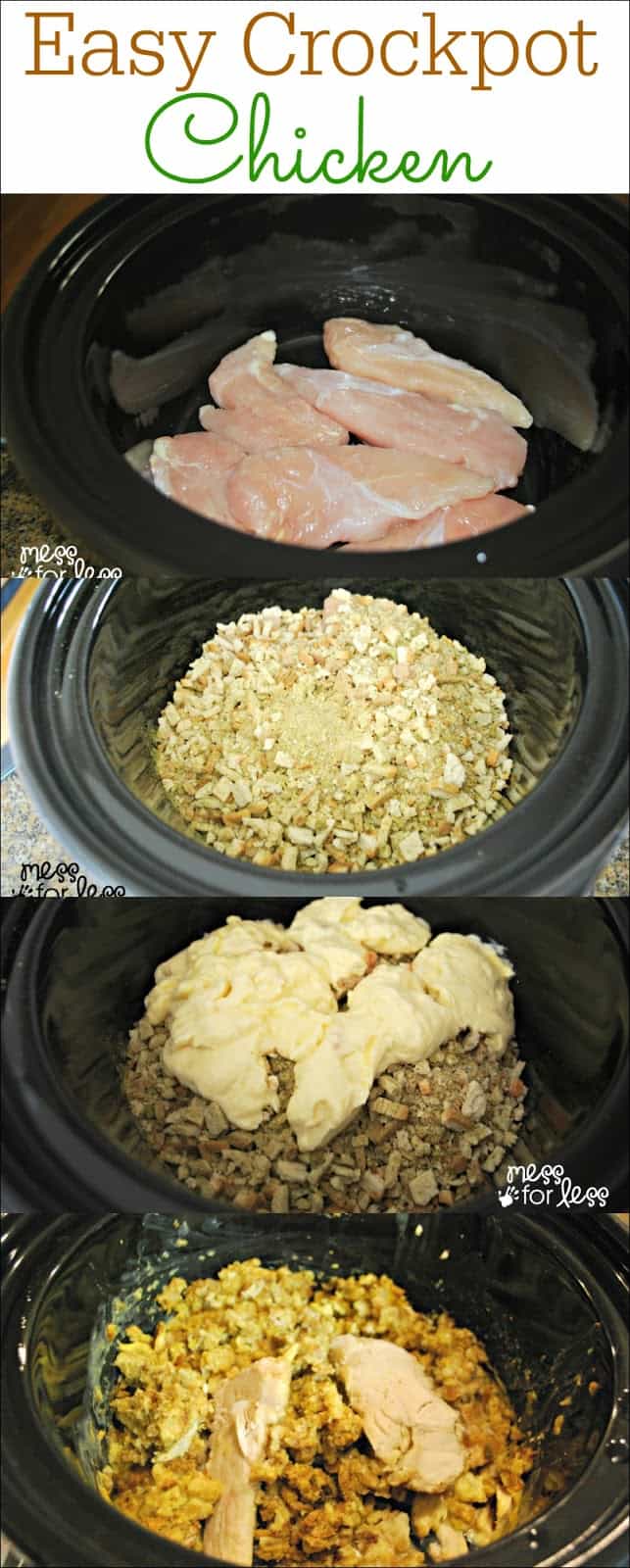 Easy Crockpot Chicken - Just a few ingredients to make this simple slow cooker dinner sure to become a family favorite!