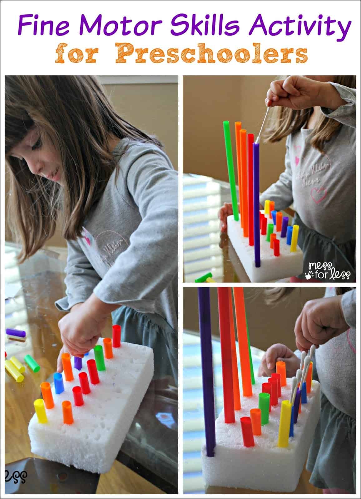 Fine Motor Skills Activity for Preschoolers - fine motor skills are so important for little learners. Using a few inexpensive items, kids can have fun while building skills.