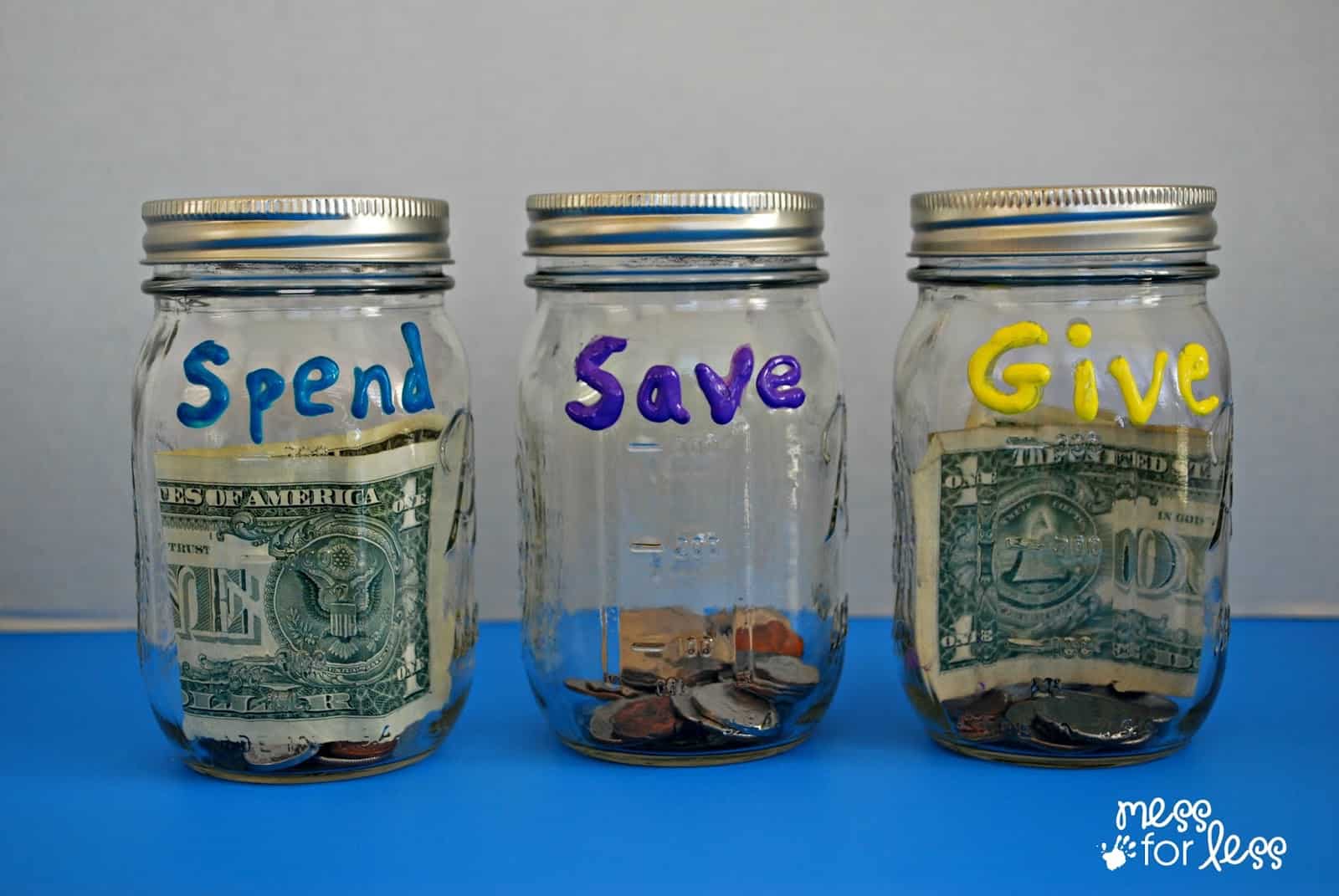 Teaching kids to save with spend save give jars