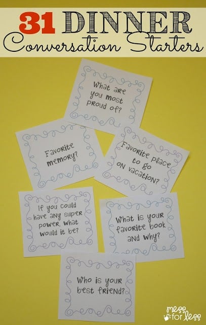 31 Dinner Conversation Starters - Get this free printable and use the questions and dinner time to make deeper connections with your kids.