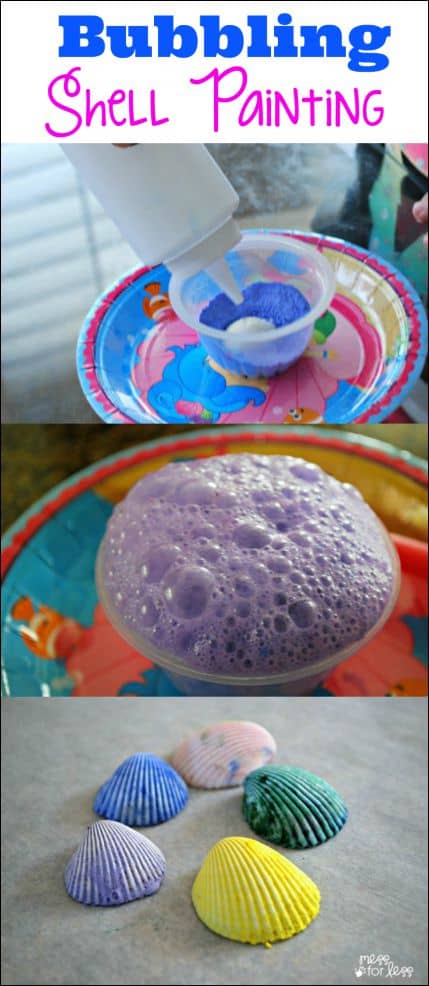 This bubbling shell craft is a great way to decorate shells saved from beach trips and a fun art and science activity for kids as well!