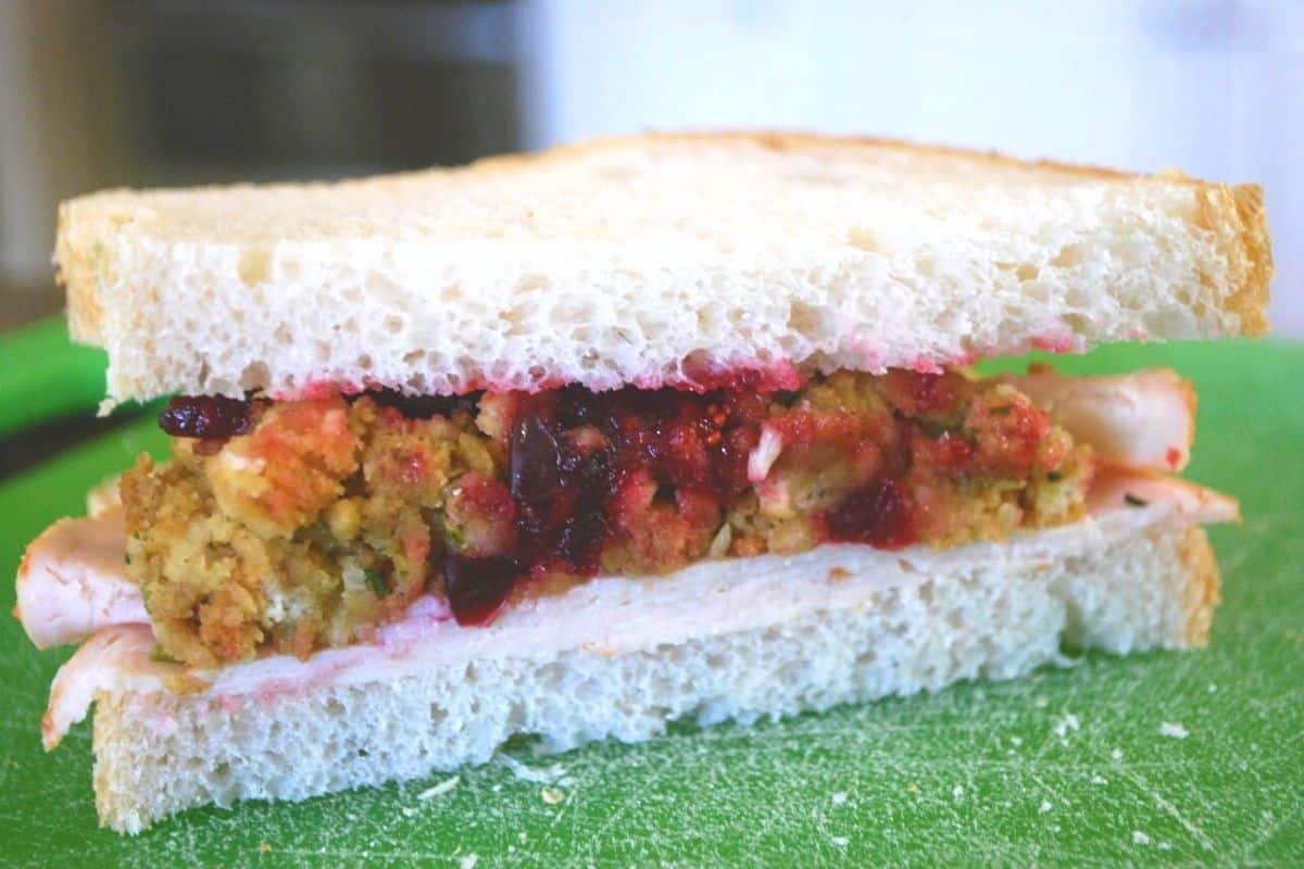 turkey stuffing and cranberry sauce sandwich.