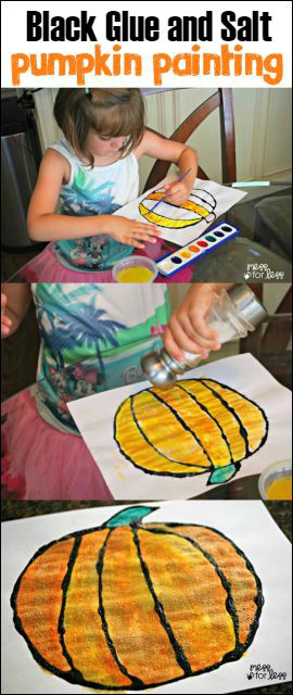 This black glue and salt pumpkin painting is on our must do list of Halloween crafts for kids. I just love the bold colors and texture they have!