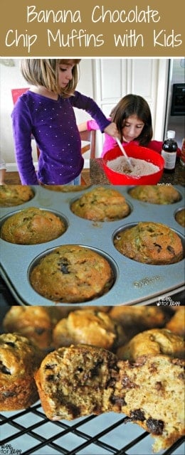 How to make banana muffins with chocolate chips with the kids. This is the perfect recipe for little ones to help make and eat!
