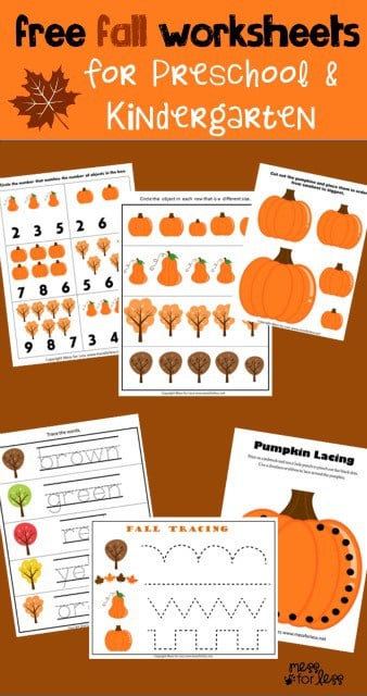 Preschool and Kindergarten worksheets for Fall. Love this pack of free worksheets for celebrating the Fall season while learning. Download yours today!