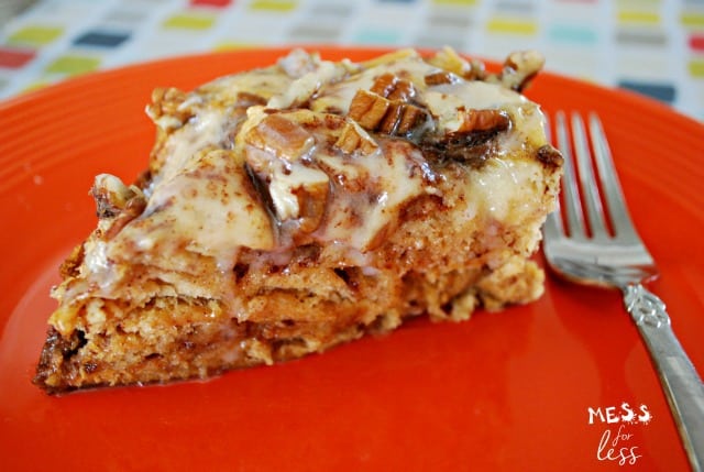 cinnamon roll french toast on red plate