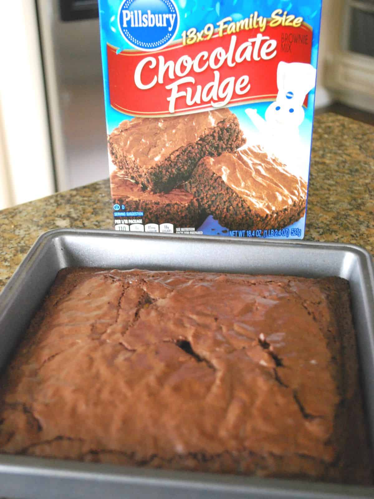 brownie mix and brownies in tray