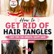 Three young girls with different hair types shown from behind, plus before-and-after photos that show how easy it is to get rid of hair tangles.