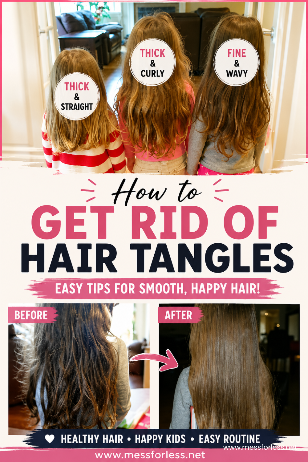DIY hair detangler spray in a bottle with brush removing tangles from child’s long hair, easy homemade solution for knotty hair