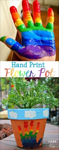 Made this rainbow hand print flower pot with the kids and it was so easy and turned out beautifully. What a great keepsake. #ad #HugTheMess 