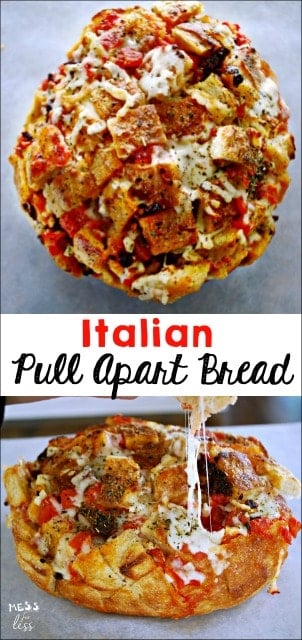 Italian Pull Apart Bread. This simple recipe is always a crowd pleaser. Filled with sun ripe tomatoes and gooey cheese, it doesn't get any better! sponsored 