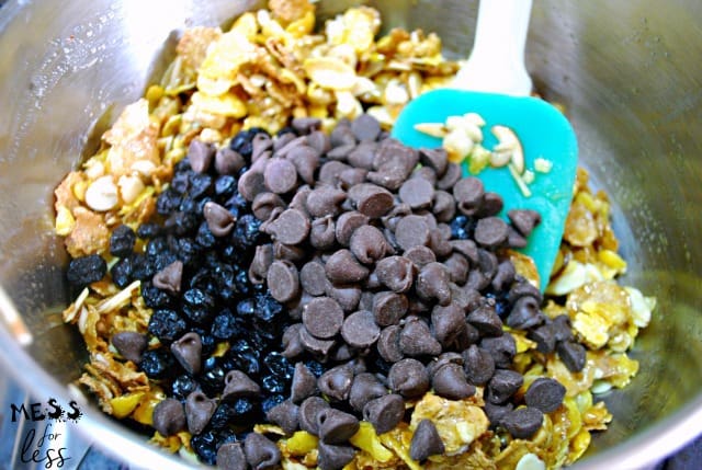 chocolate chips, blueberries and cereal in a bowl