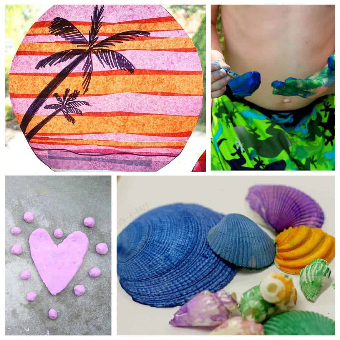 Four beach-themed kids’ crafts: sunset art, painted shells, heart in sand, and a child painting a shell—perfect summer art activities for creative fun.