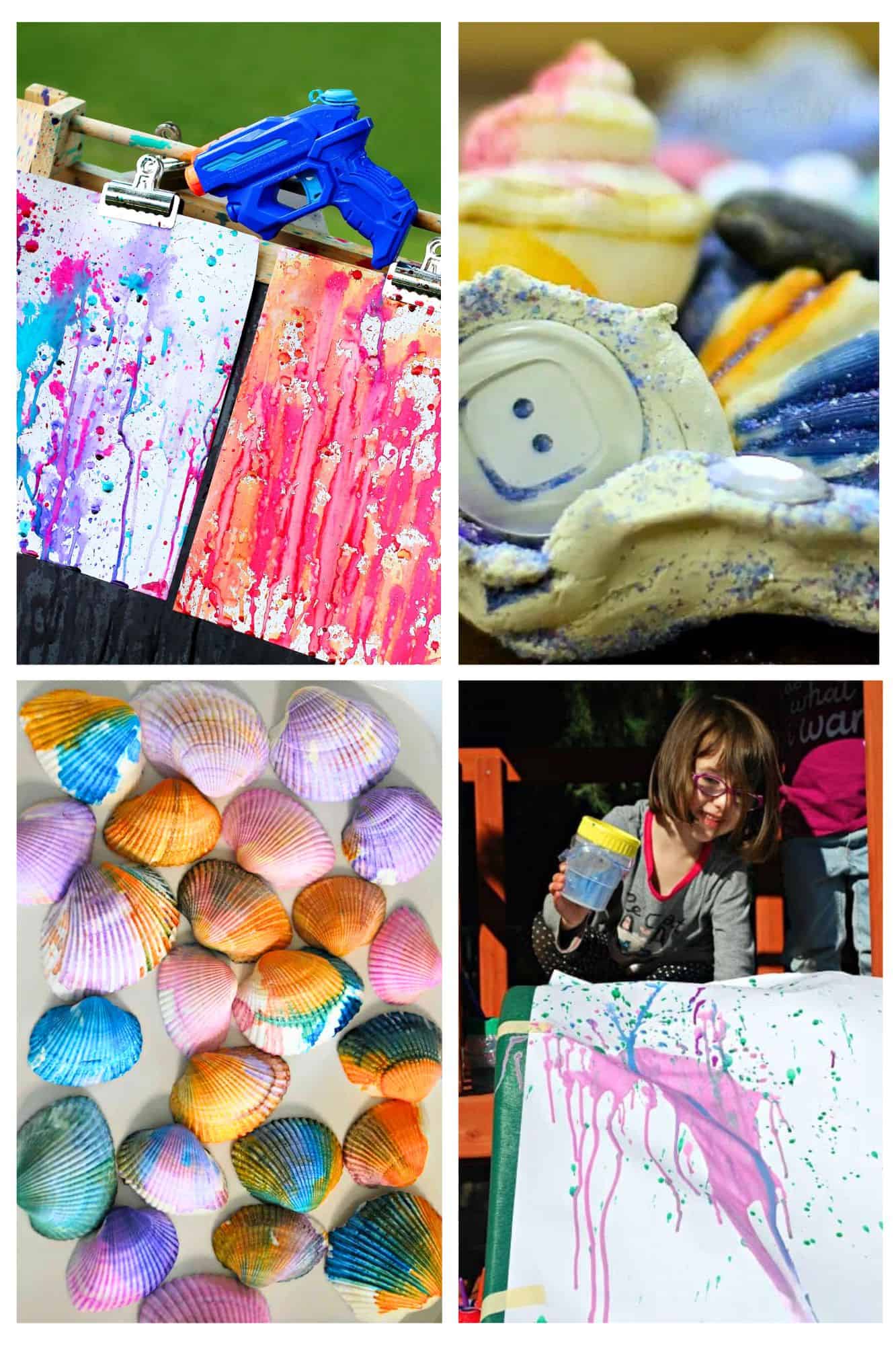 Collage of colorful kids art: painted shells, splatter paintings, and a child holding a painted cup outdoors—perfect summer art activities.
