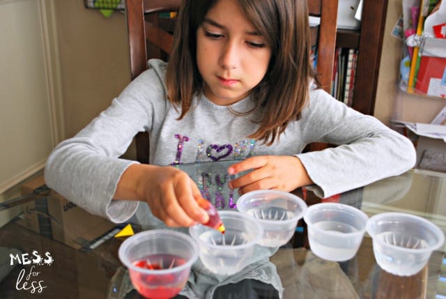 child adding food coloring to water