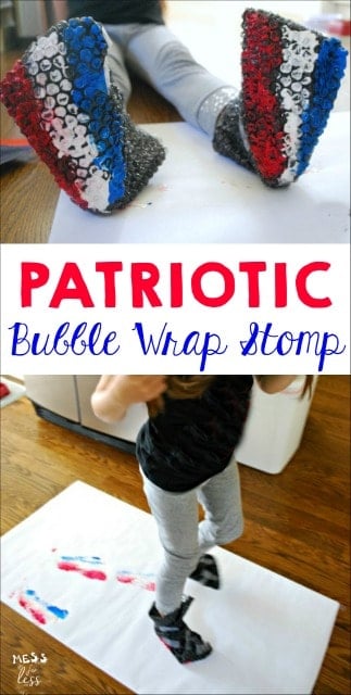 Looking for a fun way to paint? Try this patriotic painting with bubble wrap. Kids will burn off energy while creating art. #sponsored #HugTheMess