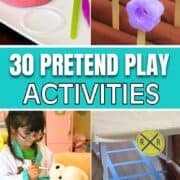 Collage of pretend play activities for kids, featuring fun pretend play ideas like doctor, dentist, mailbox, and train station games.