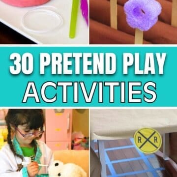 Collage of pretend play activities for kids, featuring fun pretend play ideas like doctor, dentist, mailbox, and train station games.