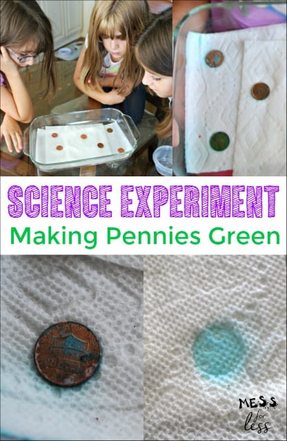 This easy kids science experiment will teach kids how to make pennies turn green and teach them why that happens. Fun science activity!