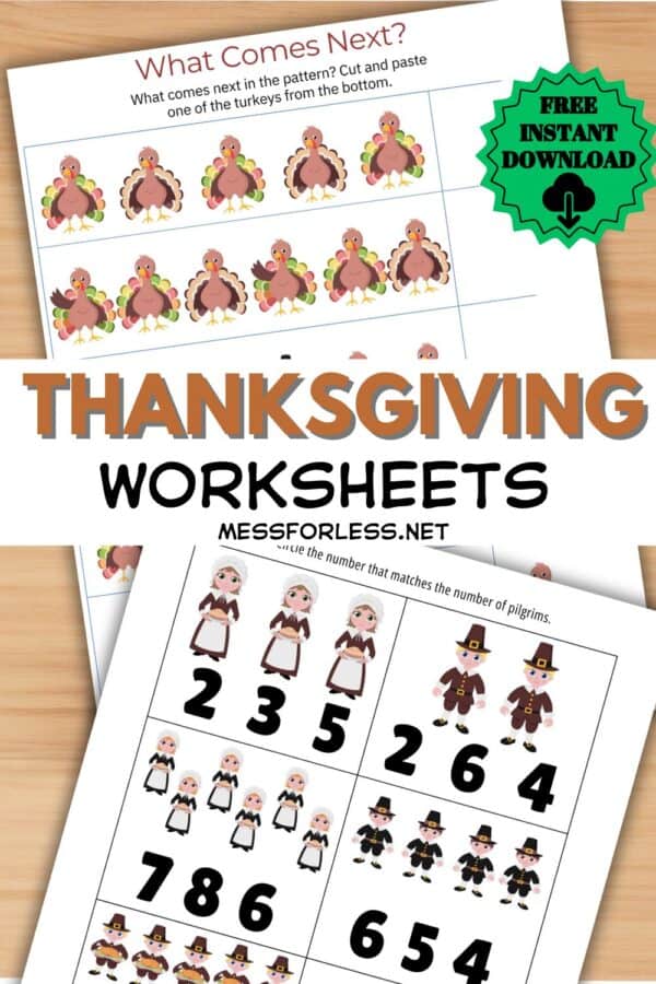 Free Kindergarten Worksheets for Thanksgiving - Mess for Less