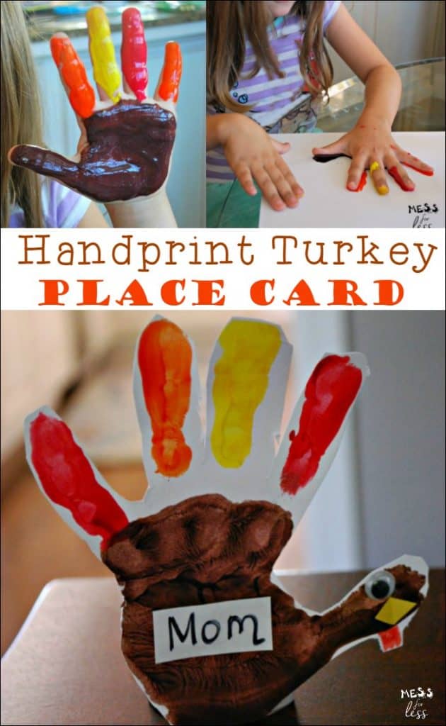 This handprint turkey place card is a fun Thanksgiving craft for kids. #ad 