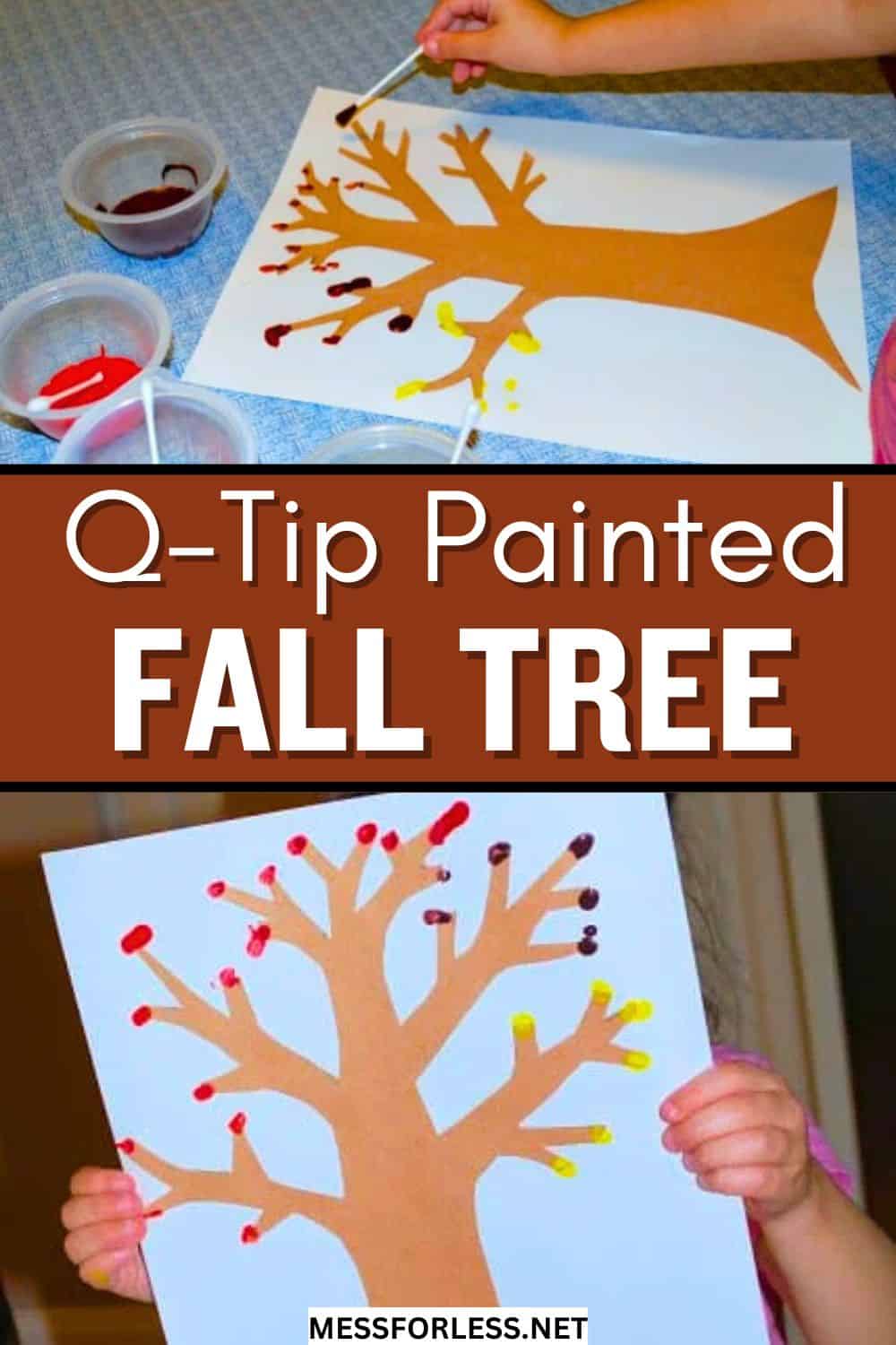 A child uses q-tips to paint vibrant leaves on a brown paper q-tip fall tree, creating a festive autumn craft project.