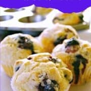 Three easy blueberry muffins on a table with a muffin tin in the background; text reads “Blueberry Muffins to make with kids.”.