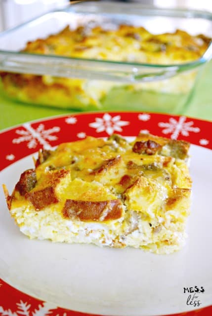 egg casserole on white and red plate