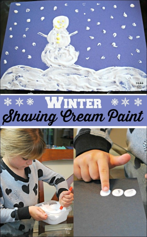 This winter shaving cream paint is so easy to make - just 2 ingredients! We love the texture of this paint after it dries - puffy and soft. Fun kids art activity.