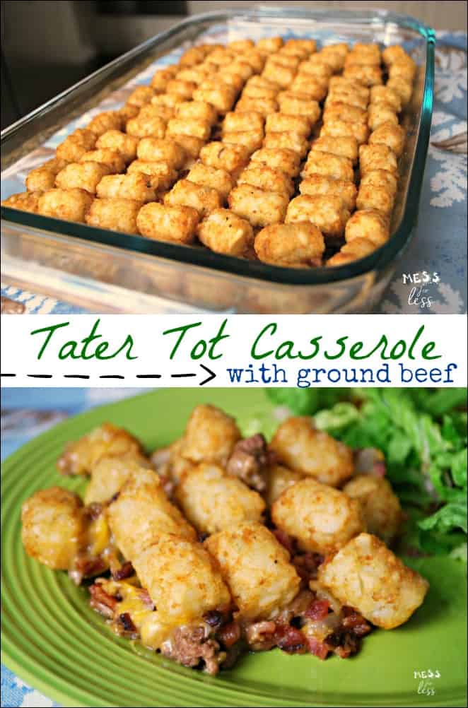 AD This Hamburger Tater Tot Casserole is comfort food at its best. Less than an hour from start to finish. My family loves this ground beef casserole recipe! 