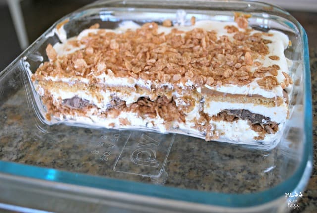 dessert lasagna cut in a pan