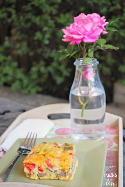 Sausage Breakfast Casserole on plate with flowers