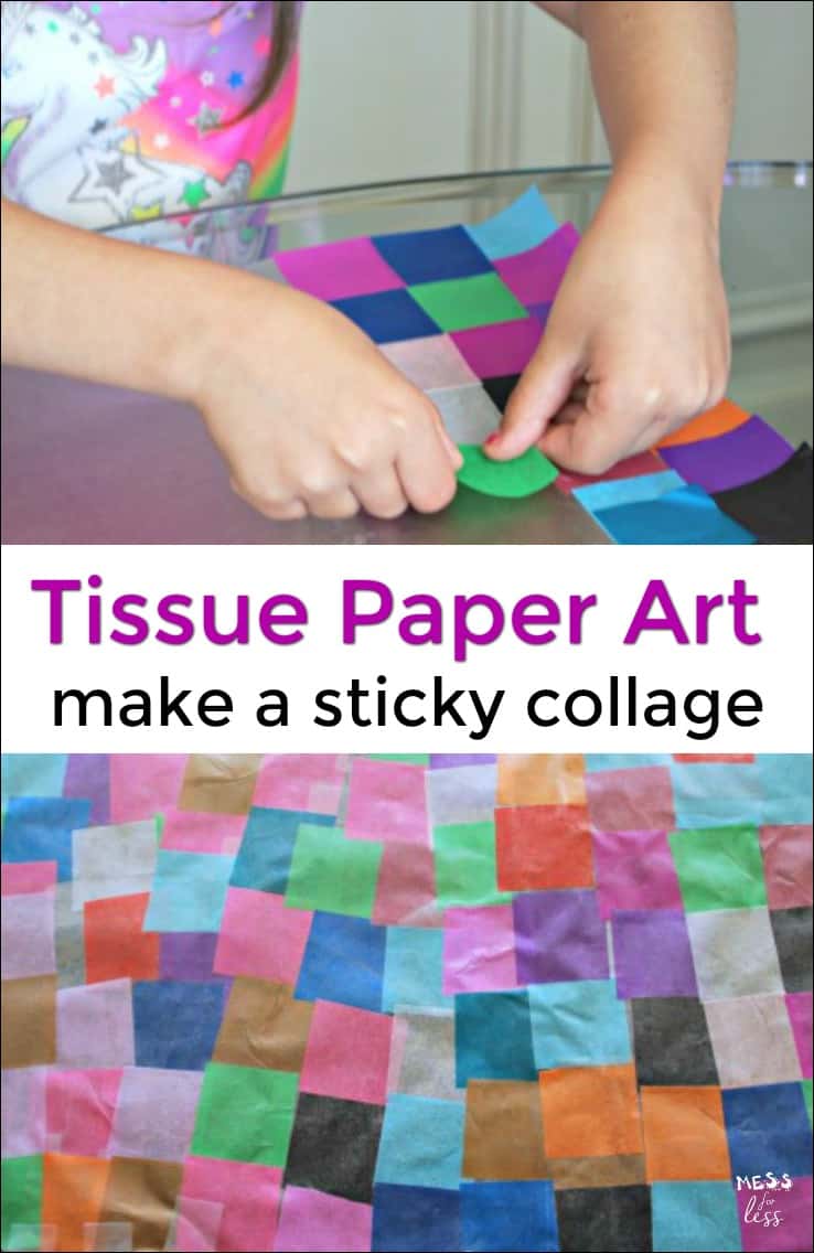Tissue paper crafts are a great way for kids to do a fun art activity. Learn how to make a colorful sticky collage with tissue paper!
