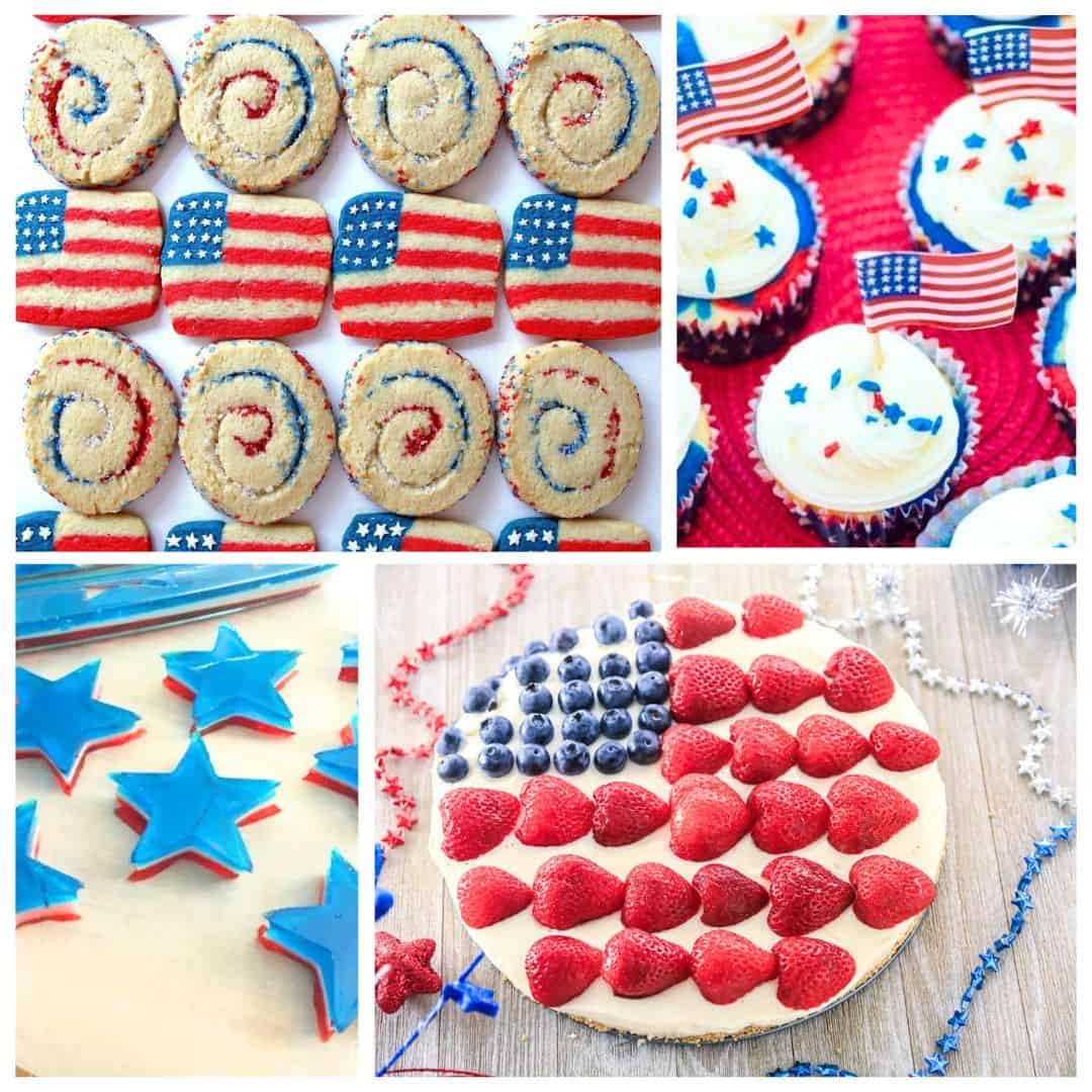 Patriotic desserts: 4th of July desserts like flag cookies, cupcakes with flags, blue star treats, and a berry flag tart.
