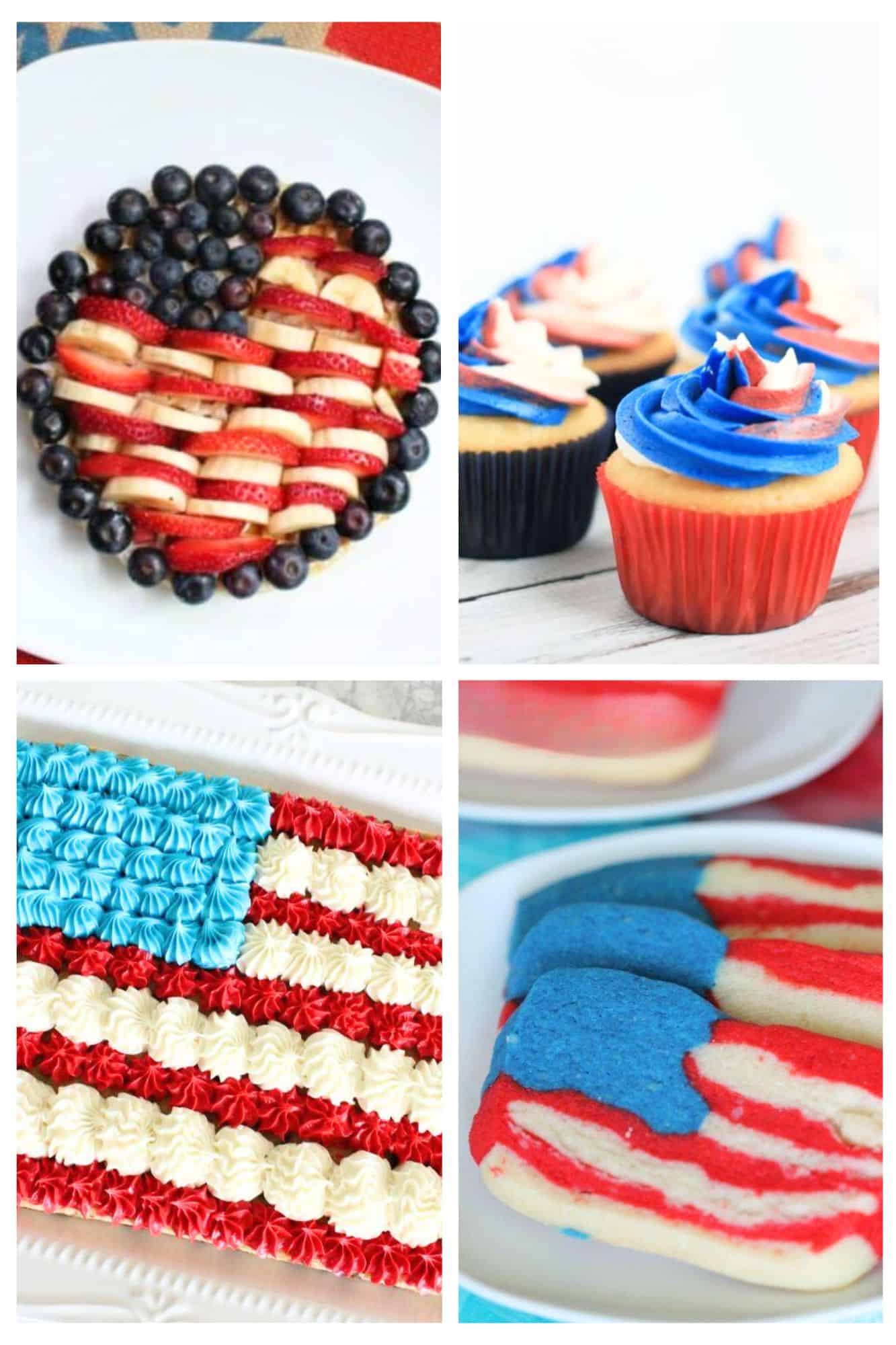 Patriotic 4th of July desserts in red, white, and blue, featuring festive fruit, cupcakes, cake, and cookies perfect for your celebration.