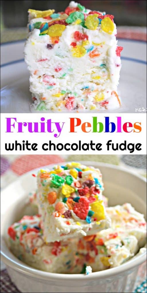 This Fruity Pebbles Fudge is made with white chocolate and has a decadent fruity flavor. 