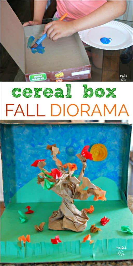 This Fall Diorama made from a cereal box is a great activity to do with kids. It is a great way to teach about reusing items.