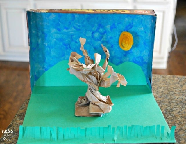 fall diorama with cereal box