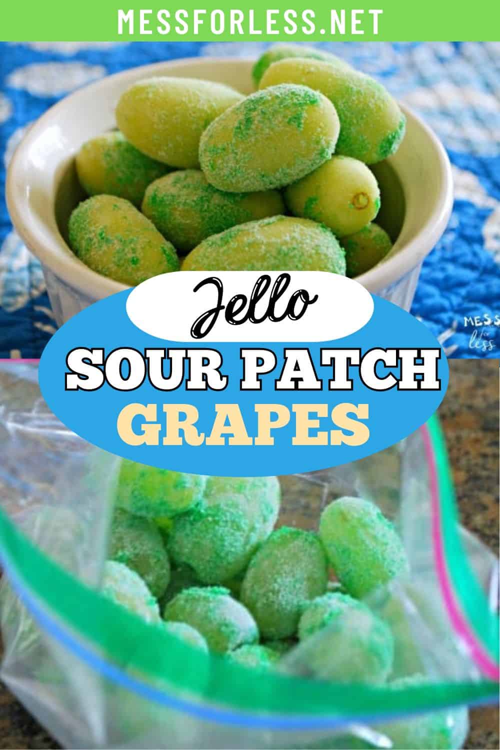 A bowl and bag of sour patch grapes—green grapes coated in green Jello powder—create a sweet and tangy treat.