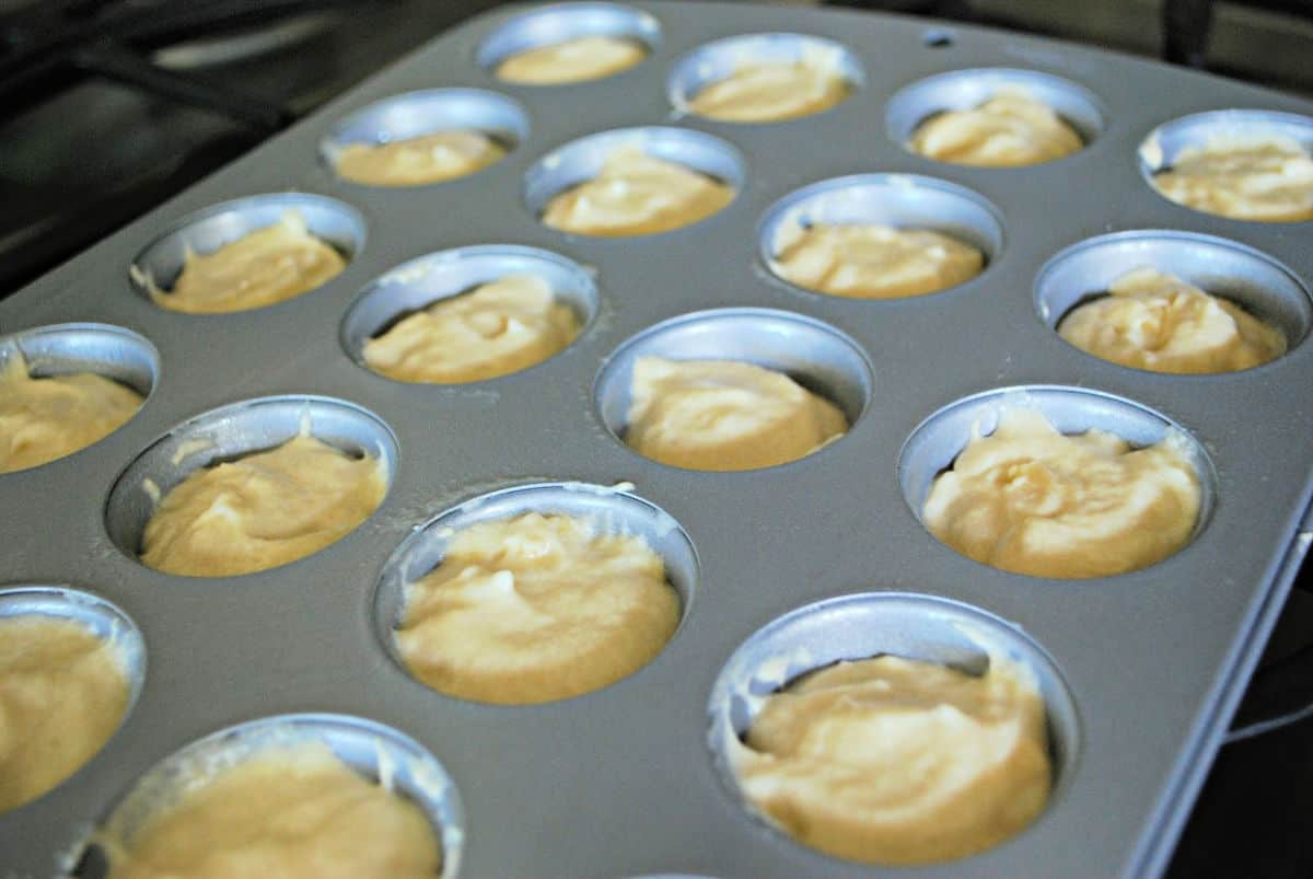 cupcake batter in a mini cupcake tray.