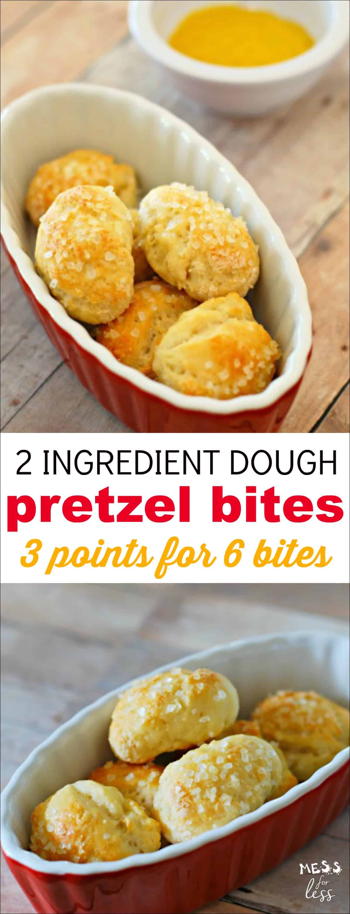 Weight Watchers friendly Two Ingredient Dough Pretzel Bites. Six pretzel bites are just 3 points on the Freestyle program so you can enjoy a yummy treat with no guilt. 