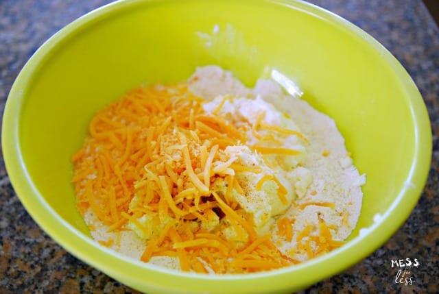 bowl with ingredients for Cheesy Biscuits with Two Ingredient Dough
