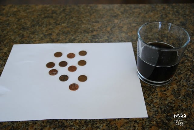 pennies, paper and cup with soda