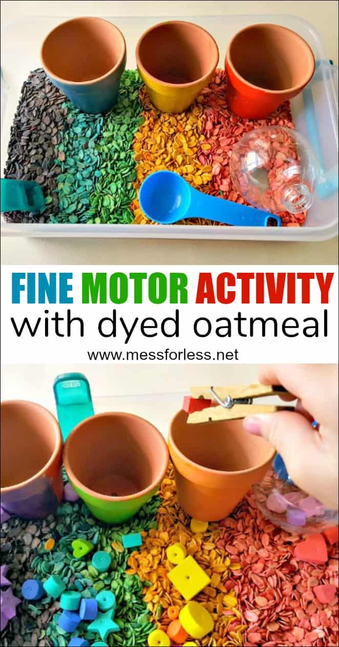 This fine motor skills activity is lets kids practices important skills while engaging in a fun sensory activity. Learn how to color oats and incorporate them into a fun fine motor activity. 