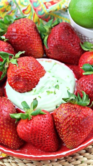 strawberry dipped in key lime cheesecake dip