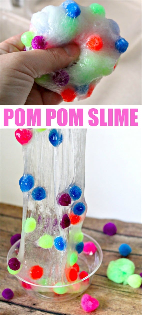 I love this pom pom slime recipe because it includes colorful and squishy poms poms which just adds to the sensory fun for kids. Check out how easy it is to make slime with this tutorial. #kidsactivity #slime #slimerecipe #pompomslime