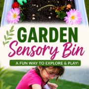 A child explores a garden sensory bin filled with soil, toy tools, and artificial flowers.