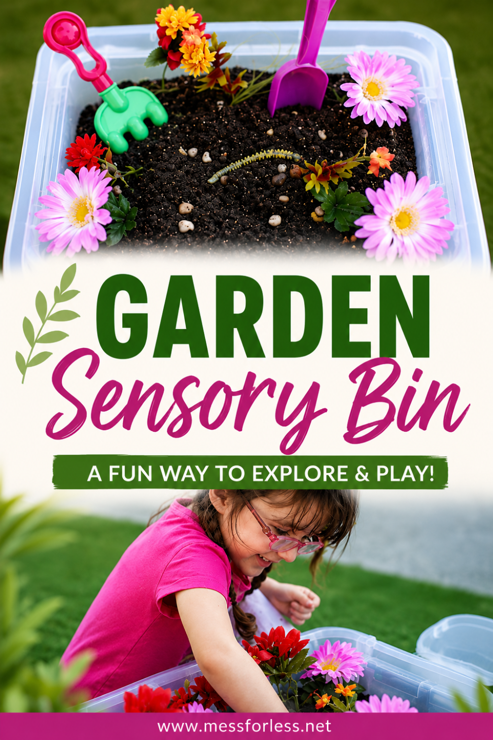 A child explores a garden sensory bin filled with soil, toy tools, and artificial flowers.